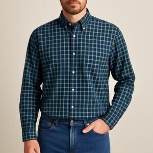 Duluth Trading Co XL Blue Green Plaid Button Down Shirt Mens 100% Cotton Casual